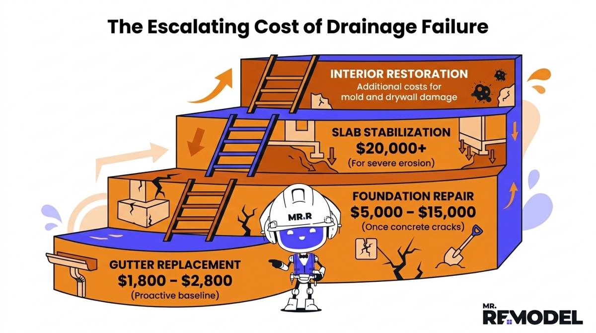 A 2026 cost ladder showing the escalation from proactive gutter replacement at $1,800 to foundation stabilization exceeding $20,000.